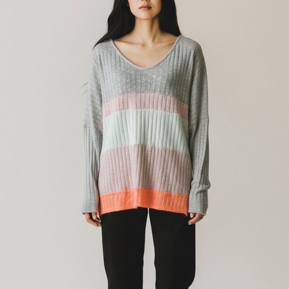 Haptics Boutique Womens Grey Neon Stripe Sweater Medium‎